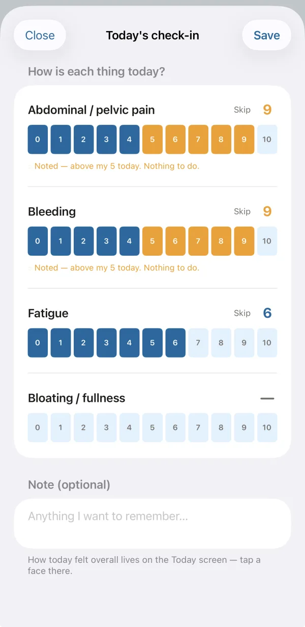 Daily check-in — rate how each thing you track feels today, 0 to 10