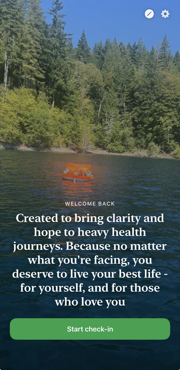 Welcome screen with a calming personal photo and an encouraging note